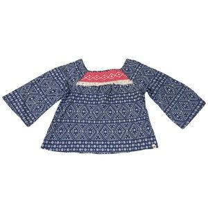 Lucky Brand Embroidered Fray Needlework Boho Flowing Bell Sleeves Medium Blouse
